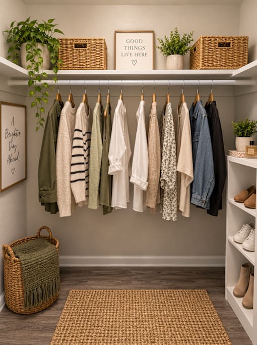 Clothes hanging on a rack in a room.