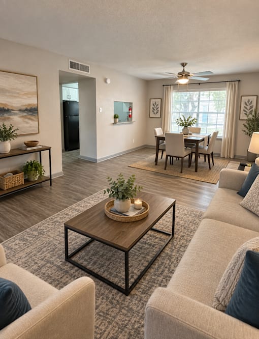A living room with a coffee table in the center and a dining table in the background.