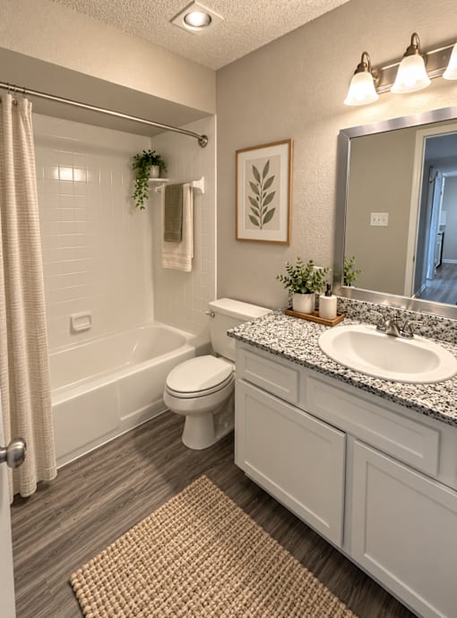 A bathroom with a toilet, sink, and mirror.