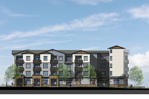 a rendering of a four story apartment building on a hill with trees
