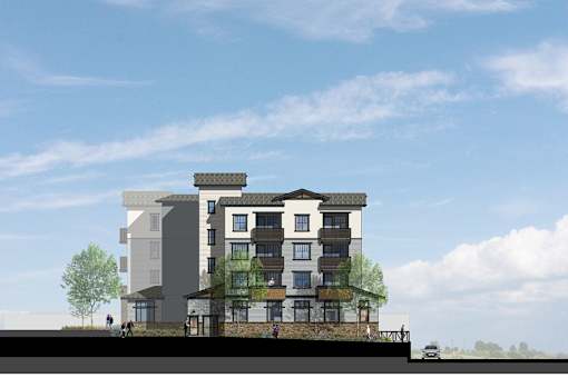 a rendering of a tall apartment building with a sky background