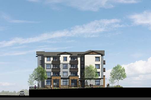 a rendering of an apartment building with a sky background