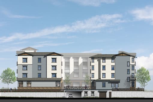 a rendering of an apartment building with a bridge in front of it