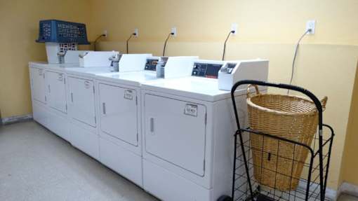 A laundry room with a row of washers and dryers.