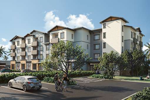 a rendering of an apartment building on a street with people and a car