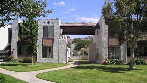 A white building with a brown door and a tree in front.
