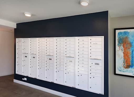 A wall of white mailboxes is mounted on a black wall.