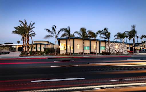 A building with palm trees in front of it at dusk.