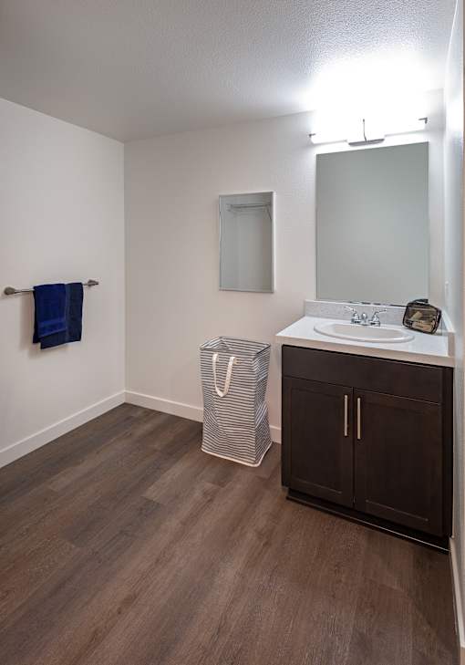 A bathroom with a wooden floor and a white sink.