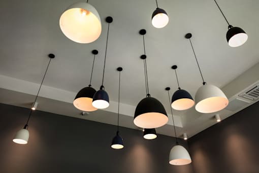 A series of hanging lights are suspended from the ceiling.