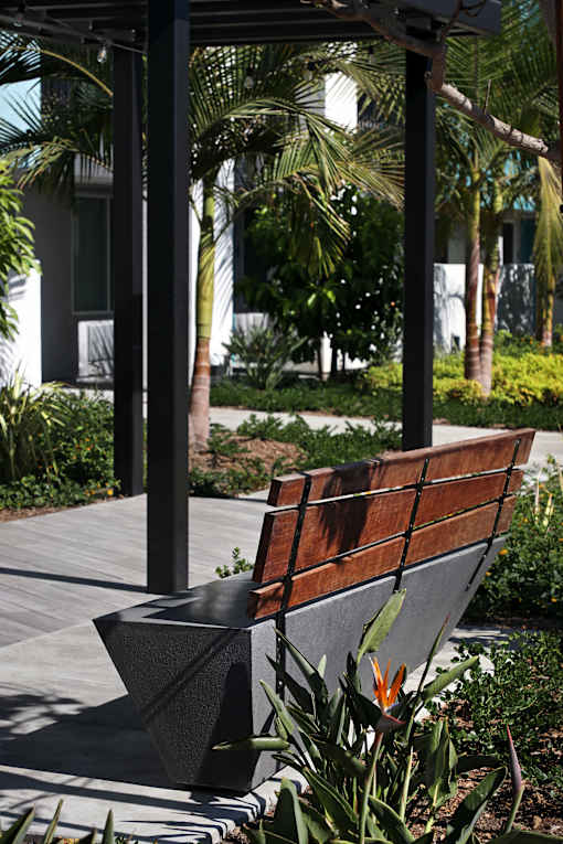 A wooden bench with a black metal frame is situated in a garden.