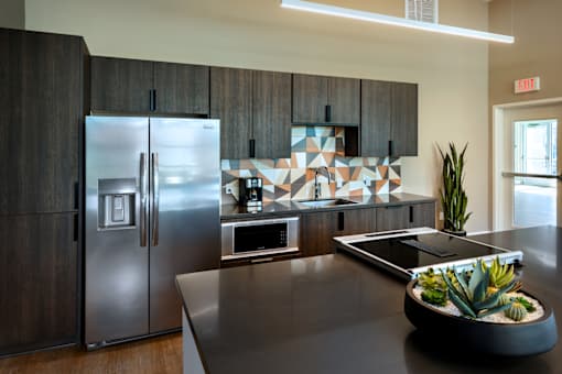 A modern kitchen with a stainless steel refrigerator and a plant on the counter.