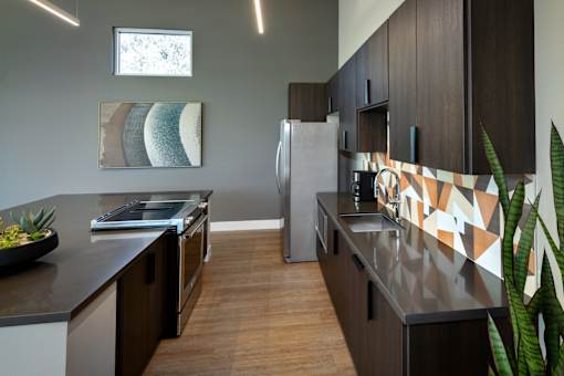A modern kitchen with dark wood cabinets and a black countertop.