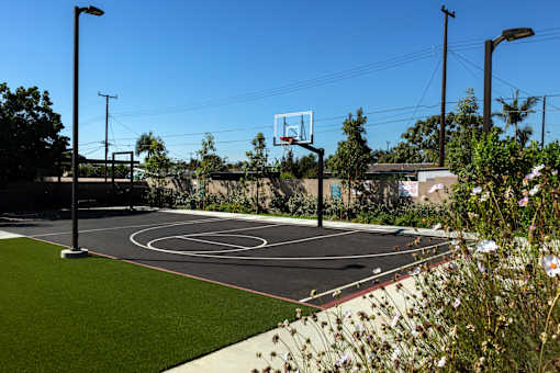 A basketball court with a net and hoop in the middle of it.