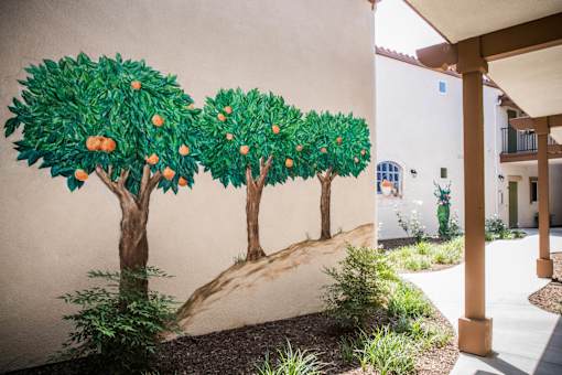 A mural of three trees with oranges growing on them is painted on a wall.