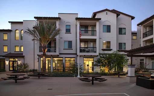 A large building with a palm tree in front of it.