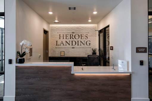 The lobby of the Heroes Landing office building.