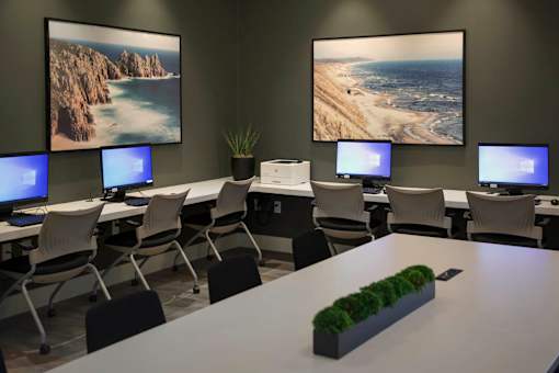 A room with a long table and chairs, two large landscape pictures on the wall, and a row of computer monitors.
