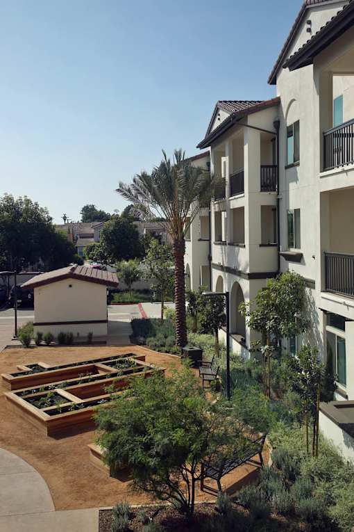 A courtyard with a white building and a small building in the background.