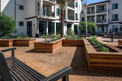 A black bench is in front of a building and a tree.