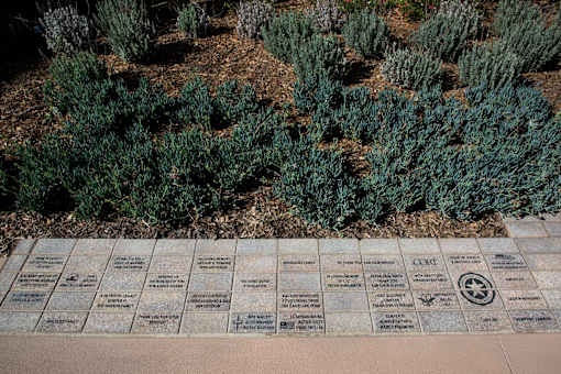 A plaque with names and symbols is surrounded by green shrubbery.