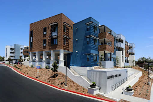A modern building complex with the name "Mille Villes" on the entrance.