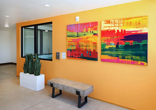 A bright orange wall with two paintings and a bench.