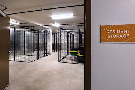 A storage room with a sign that says "Resident Storage".