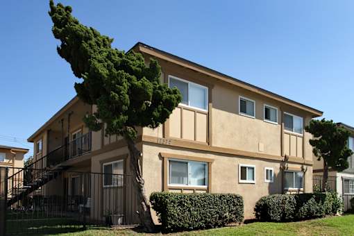 A tree in front of a tan building with a balcony.