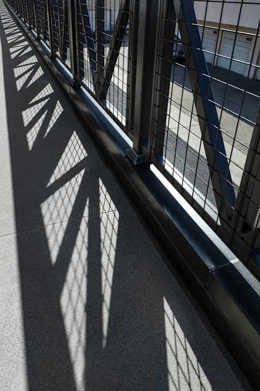 A metal fence with a shadow of a tree cast on the ground.