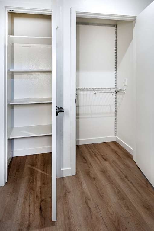 A white closet with shelves and a door open.