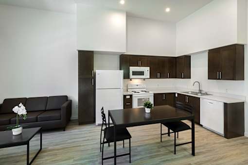 A black table with two chairs is in the middle of a kitchen and living room.