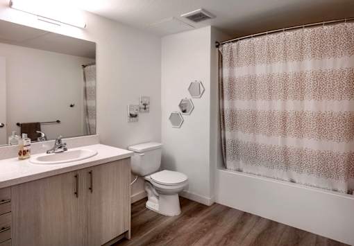 A bathroom with a toilet, sink, and shower curtain.