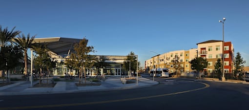 A street view of a building with a curved glass facade and palm trees in front.