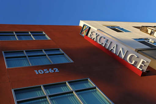 A building with the word "EXCHANGE" on it.