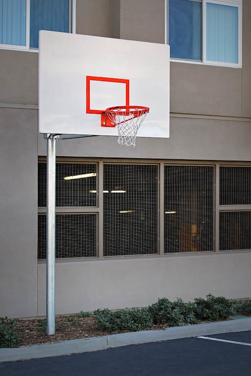 A basketball hoop is mounted on a pole in front of a building.