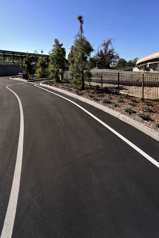 A curvy road with white lines painted on it.