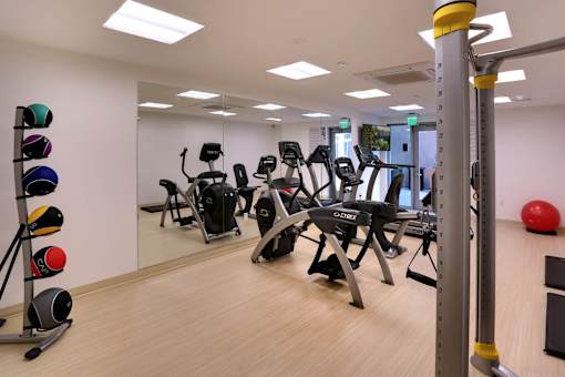 A gym with a variety of equipment including weights and exercise machines.