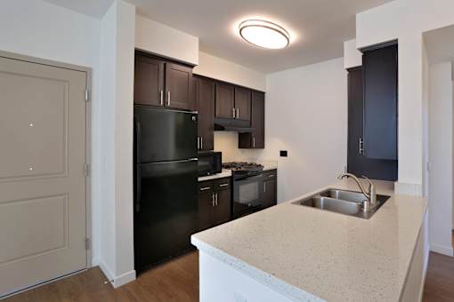 A kitchen with black appliances and brown cabinets.