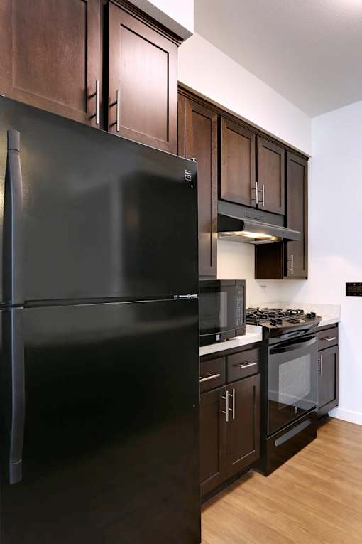A black refrigerator is in a kitchen with wooden cabinets.