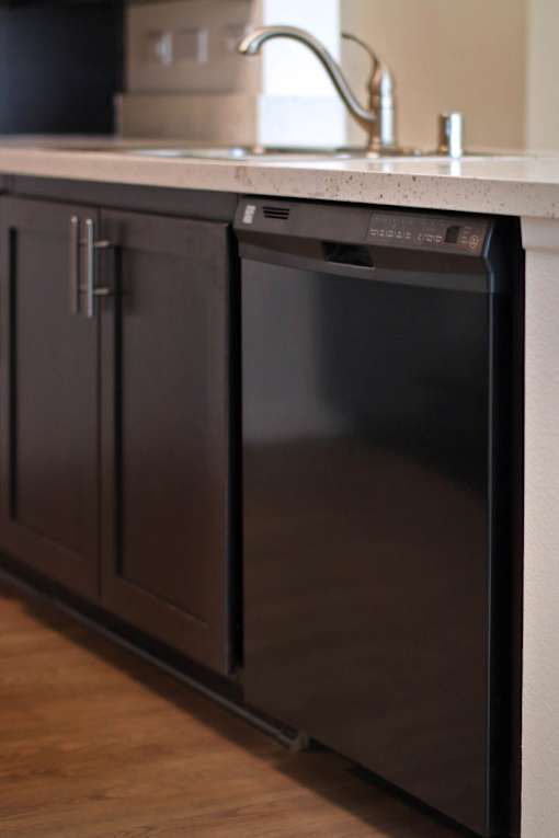 A black dishwasher is sitting on a kitchen counter.