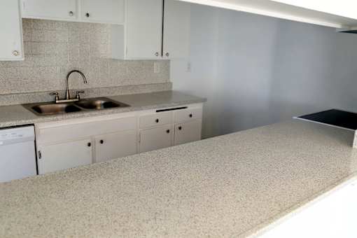 A kitchen with a sink and a counter.