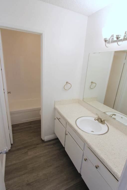 A bathroom with a sink, mirror, and wooden floor.