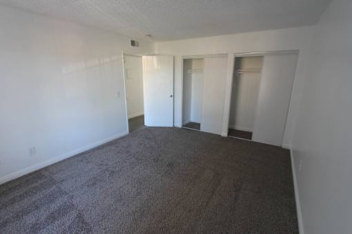 A carpeted room with two doors and no furniture.
