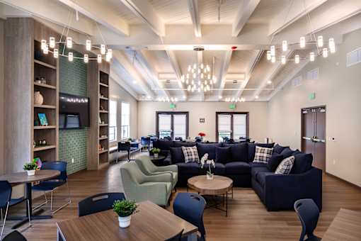 A modern living room with a dark blue couch and a wooden coffee table.
