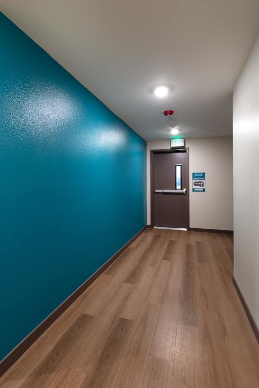 A hallway with a blue wall and a brown door.