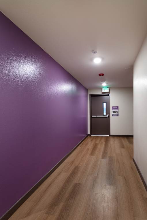 A hallway with a purple wall and wooden floor.