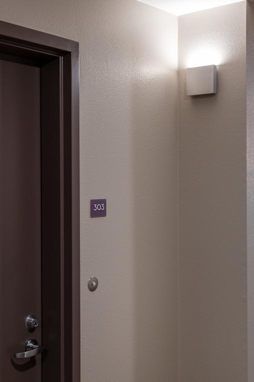 A brown door with a silver handle and a number 303 on the wall.
