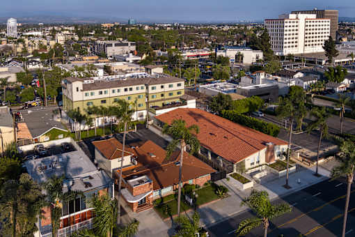 A view of a city from a high vantage point.