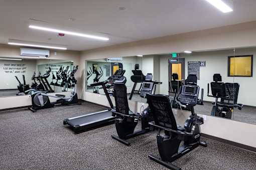 A gym with treadmills, exercise bikes, and other equipment.